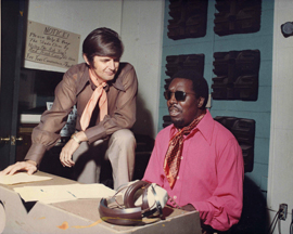 Rick Hall and Clarence Carter in MUSCLE SHOALS, a Magnolia Pictures release. Photo courtesy of Magnolia Pictures. The Swampers at Muscle Shoals Sound Studio in MUSCLE SHOALS, a Magnolia Pictures release. Photo courtesy of Magnolia Pictures.